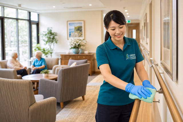 Green Commercial Cleaning employee cleaning a handrail in an aged care facility