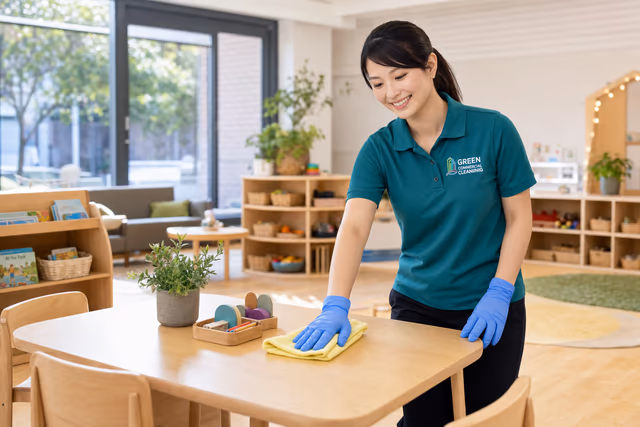 Green Commercial Cleaning employee wiping a table in an empty childcare room