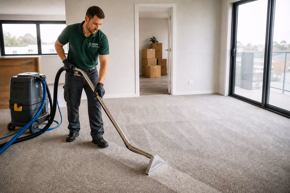 Cleaner using carpet extraction equipment in an empty apartment