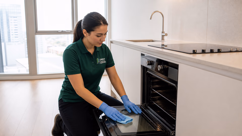 Blue-gloved cleaner detailing an open oven in an empty kitchen