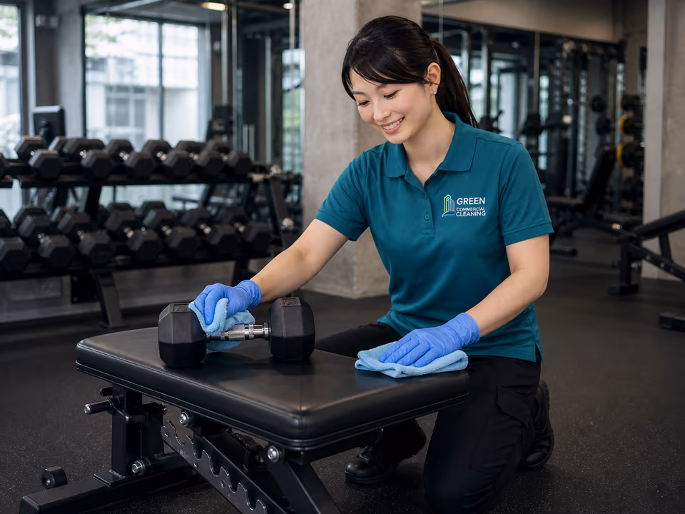 GCC Melbourne cleaner wiping free weights and a gym bench