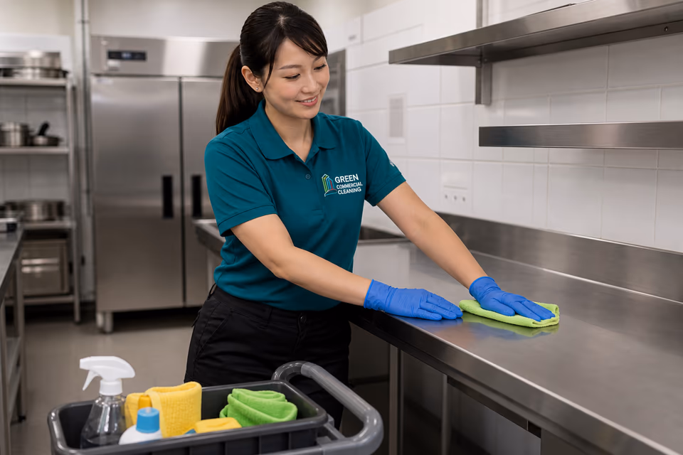 Uniformed GCC Melbourne cleaner wiping an accessible stainless-steel prep bench