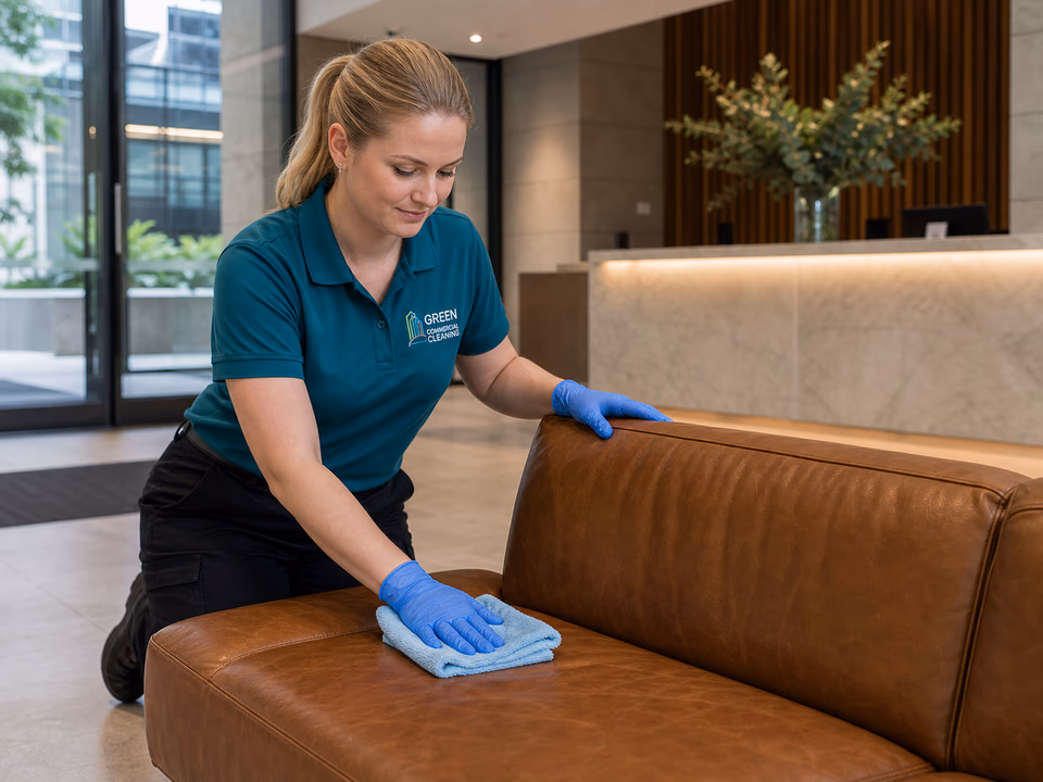 Uniformed GCC Melbourne cleaner wiping a leather couch in an apartment reception