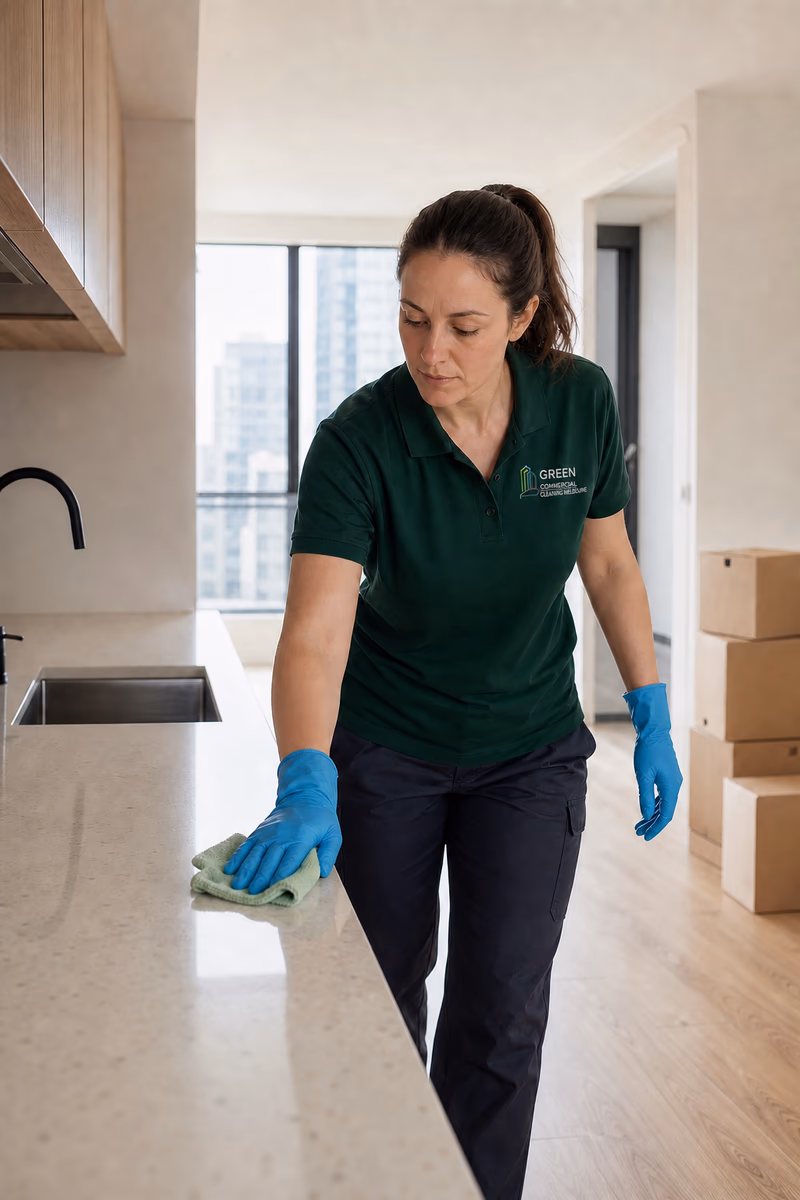 Cleaner wiping a stone kitchen bench in an empty Melbourne apartment