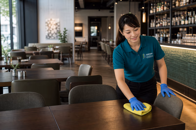 Uniformed GCC Melbourne cleaner wiping a table in a Melbourne restaurant