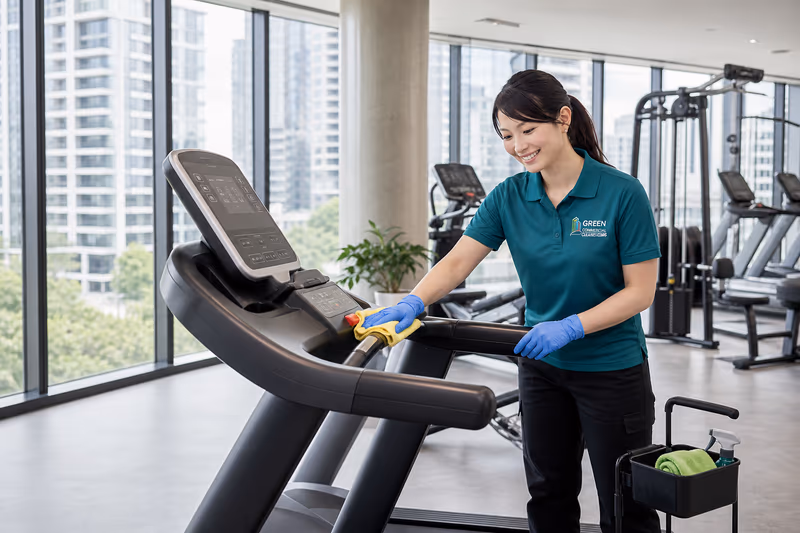 Uniformed GCC Melbourne cleaner wiping exercise equipment in a shared strata amenity
